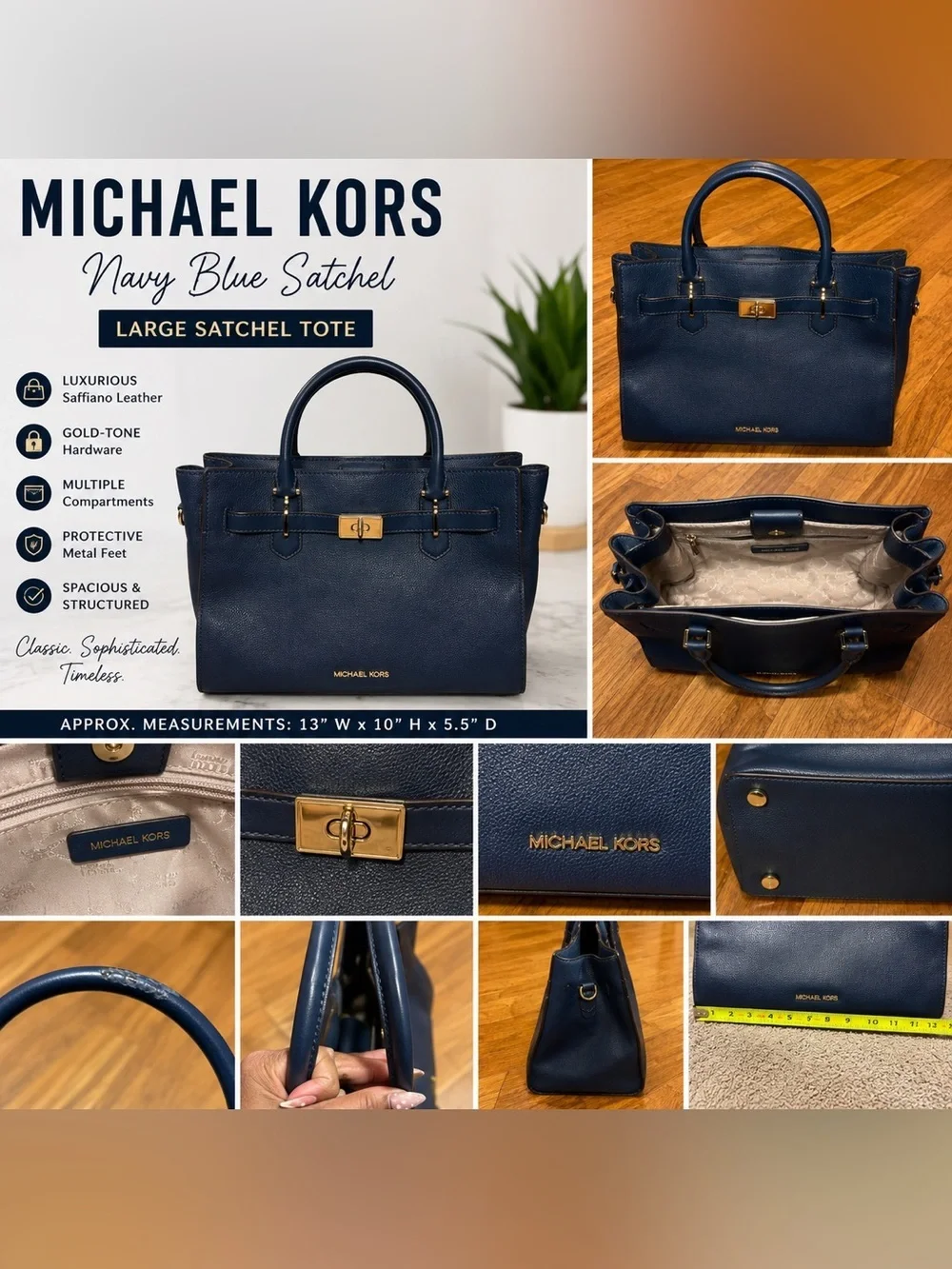 Michael Kors Navy Blue Large Satchel Tote Bag Gold Hardware